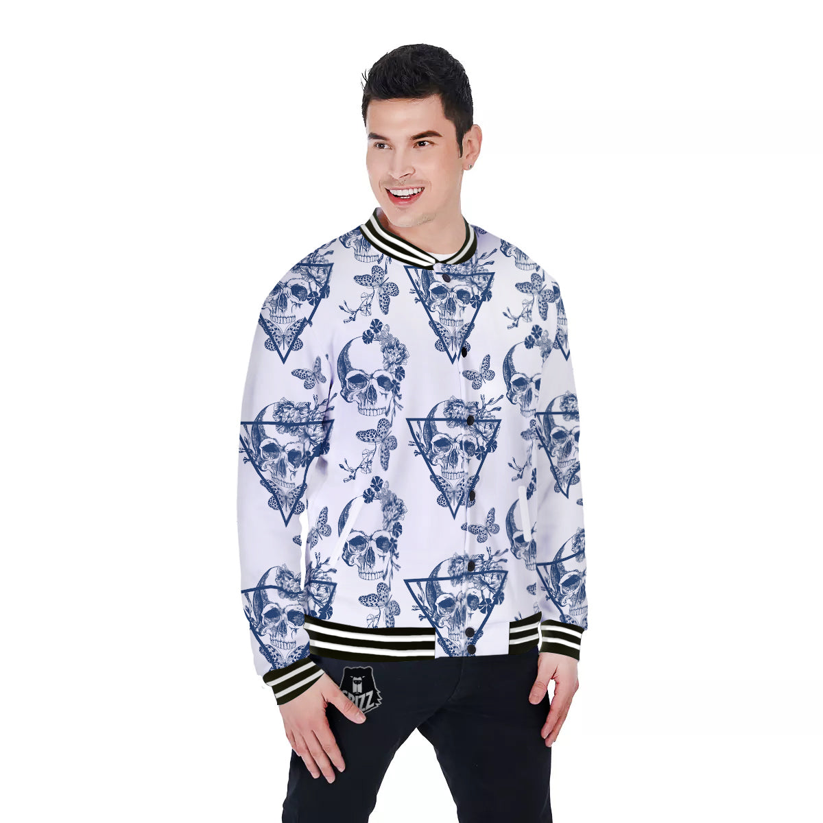 Skull Floral White And Blue Print Pattern Baseball Jacket-grizzshop