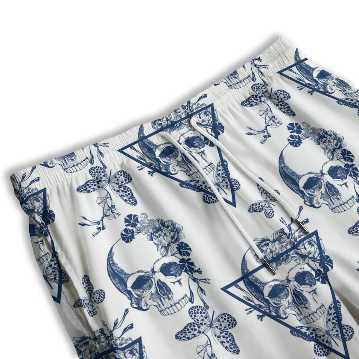 Skull Floral White And Blue Print Pattern Men's Athletic Shorts