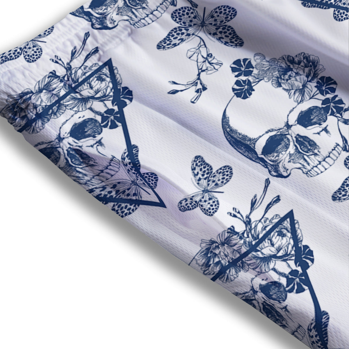 Skull Floral White And Blue Print Pattern Mesh Shorts