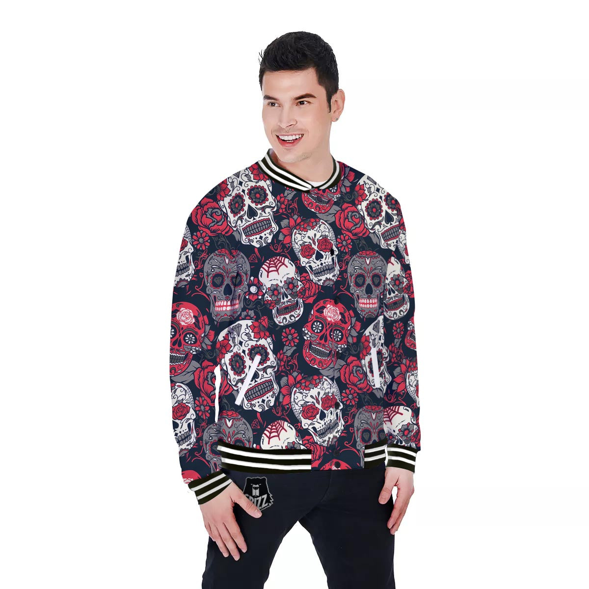 Skull Flower Red Sugar Print Pattern Baseball Jacket-grizzshop