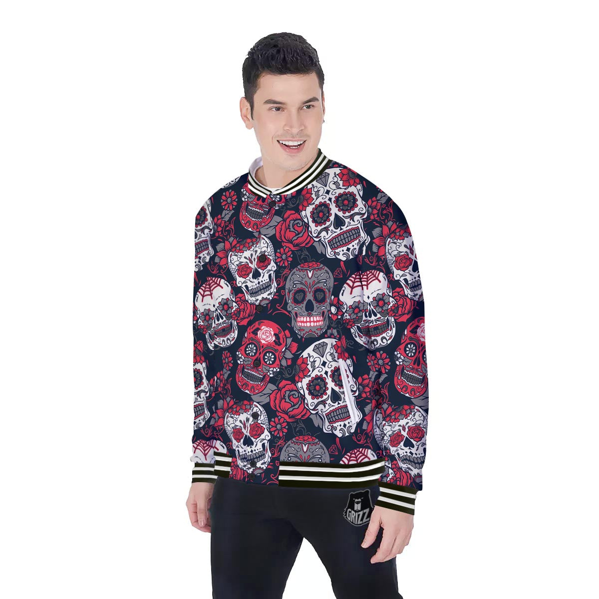 Skull Flower Red Sugar Print Pattern Baseball Jacket-grizzshop