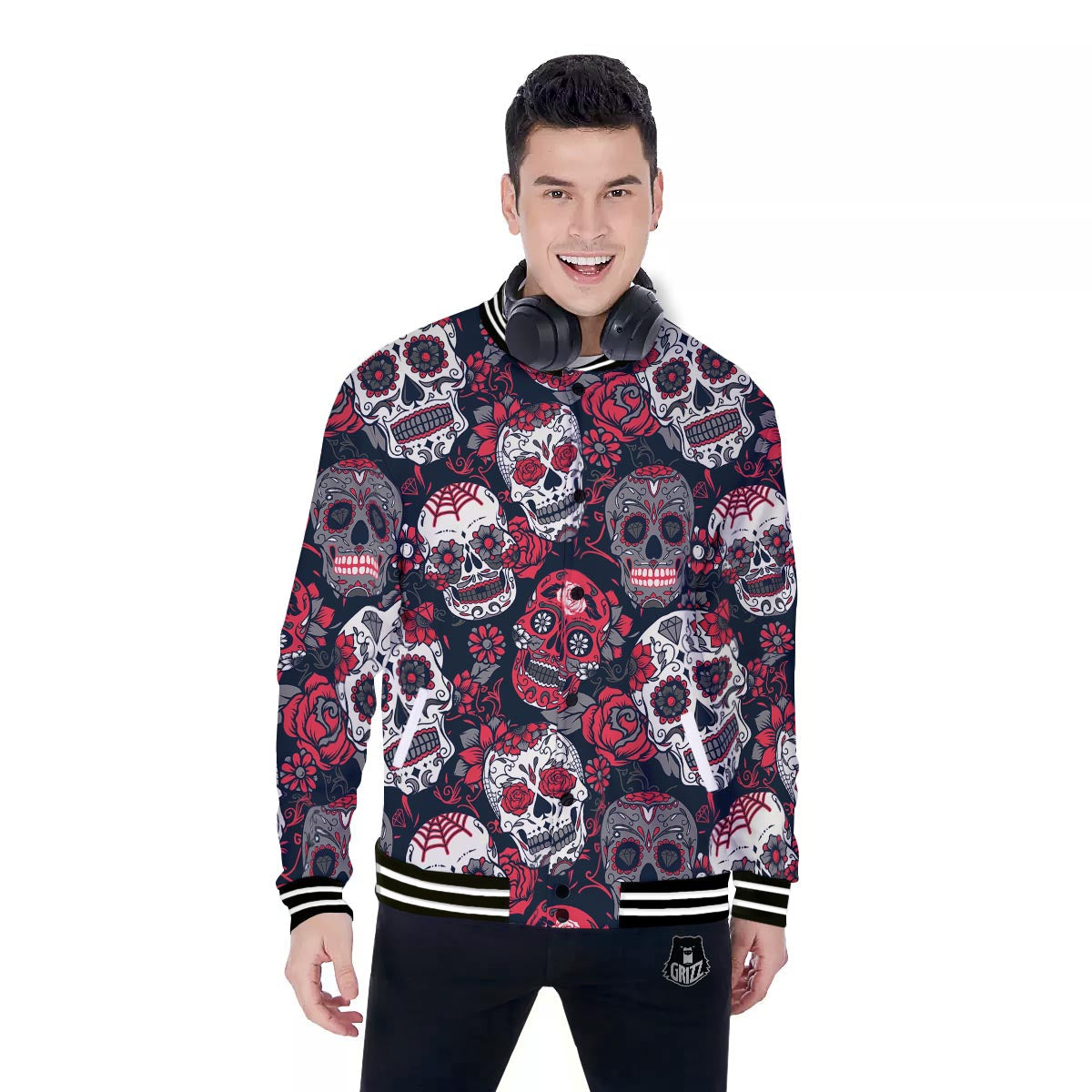 Skull Flower Red Sugar Print Pattern Baseball Jacket-grizzshop