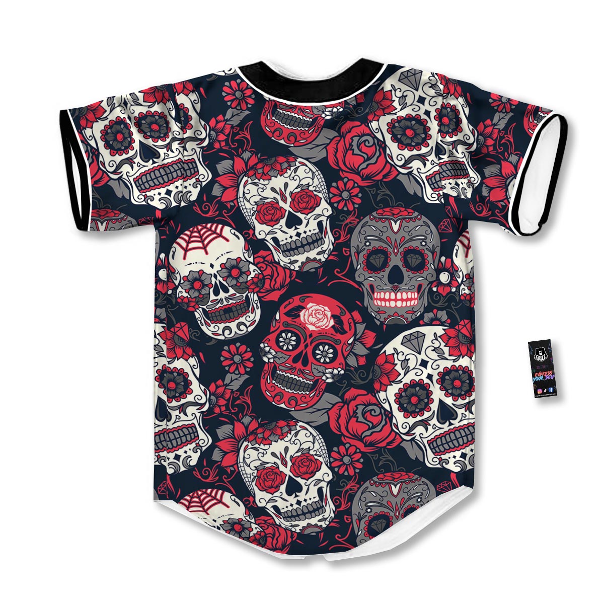 Skull Flower Red Sugar Print Pattern Baseball Jersey-grizzshop