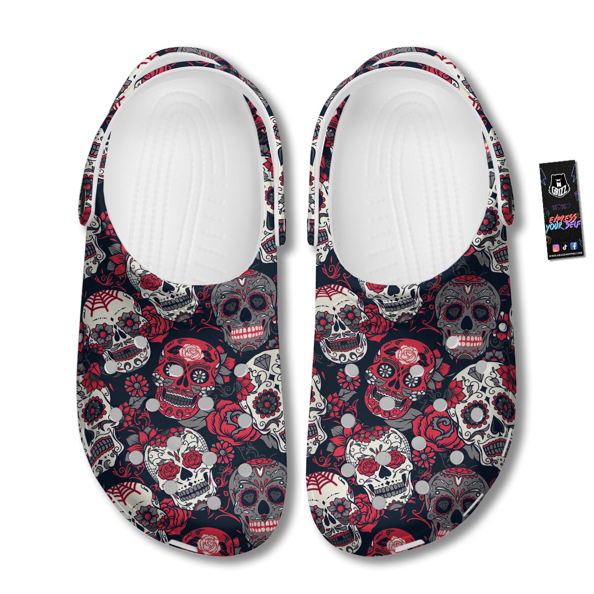 Skull Flower Red Sugar Print Pattern Clog-grizzshop