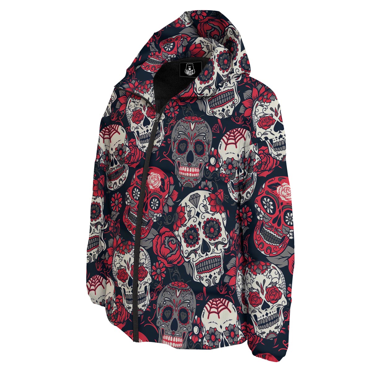 Skull Flower Red Sugar Print Pattern Down Jacket-grizzshop