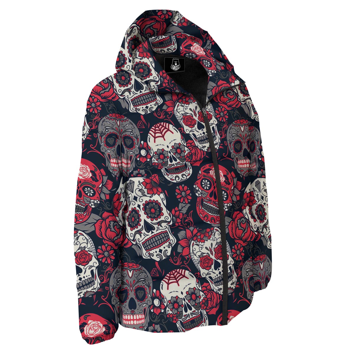 Skull Flower Red Sugar Print Pattern Down Jacket-grizzshop