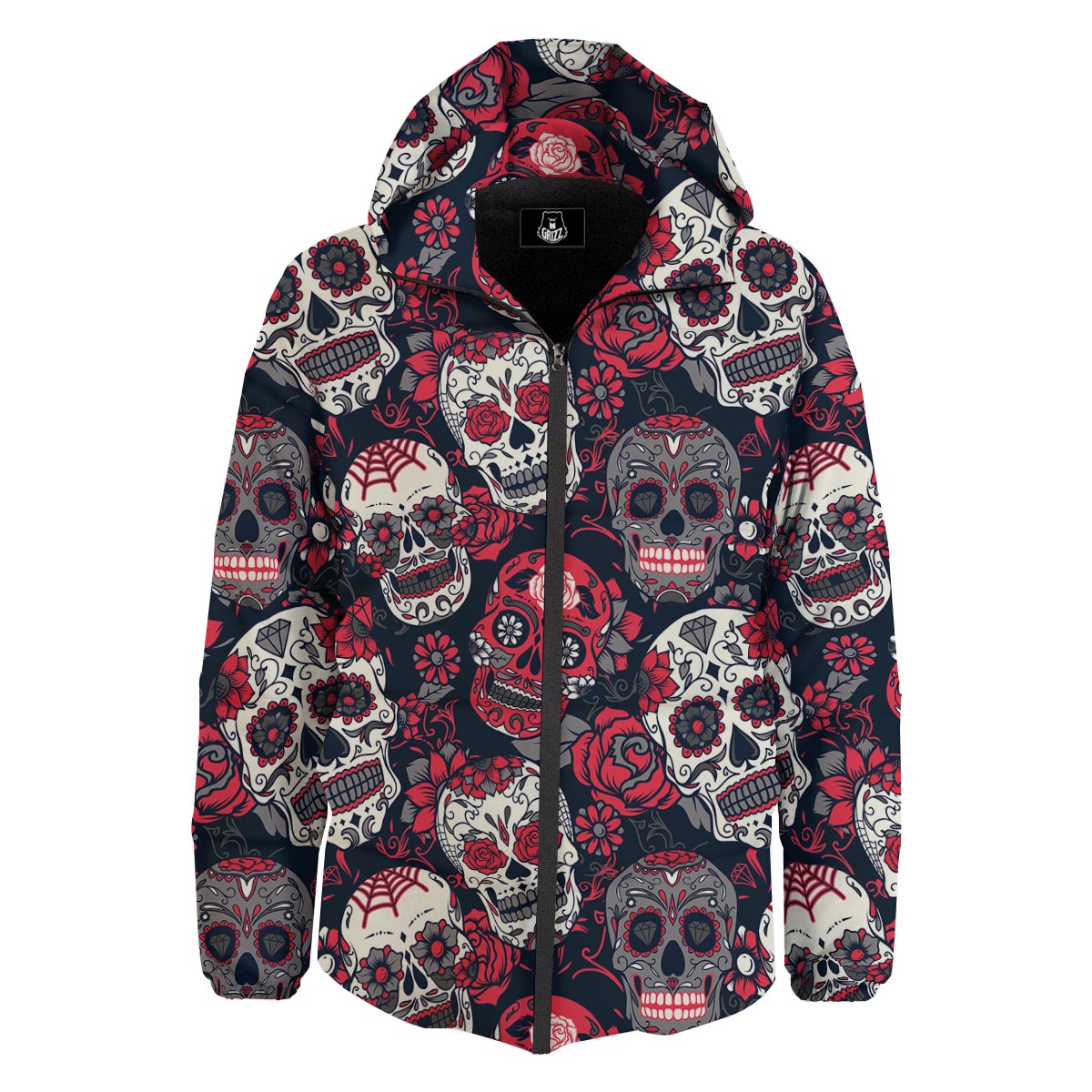 Skull Flower Red Sugar Print Pattern Down Jacket-grizzshop