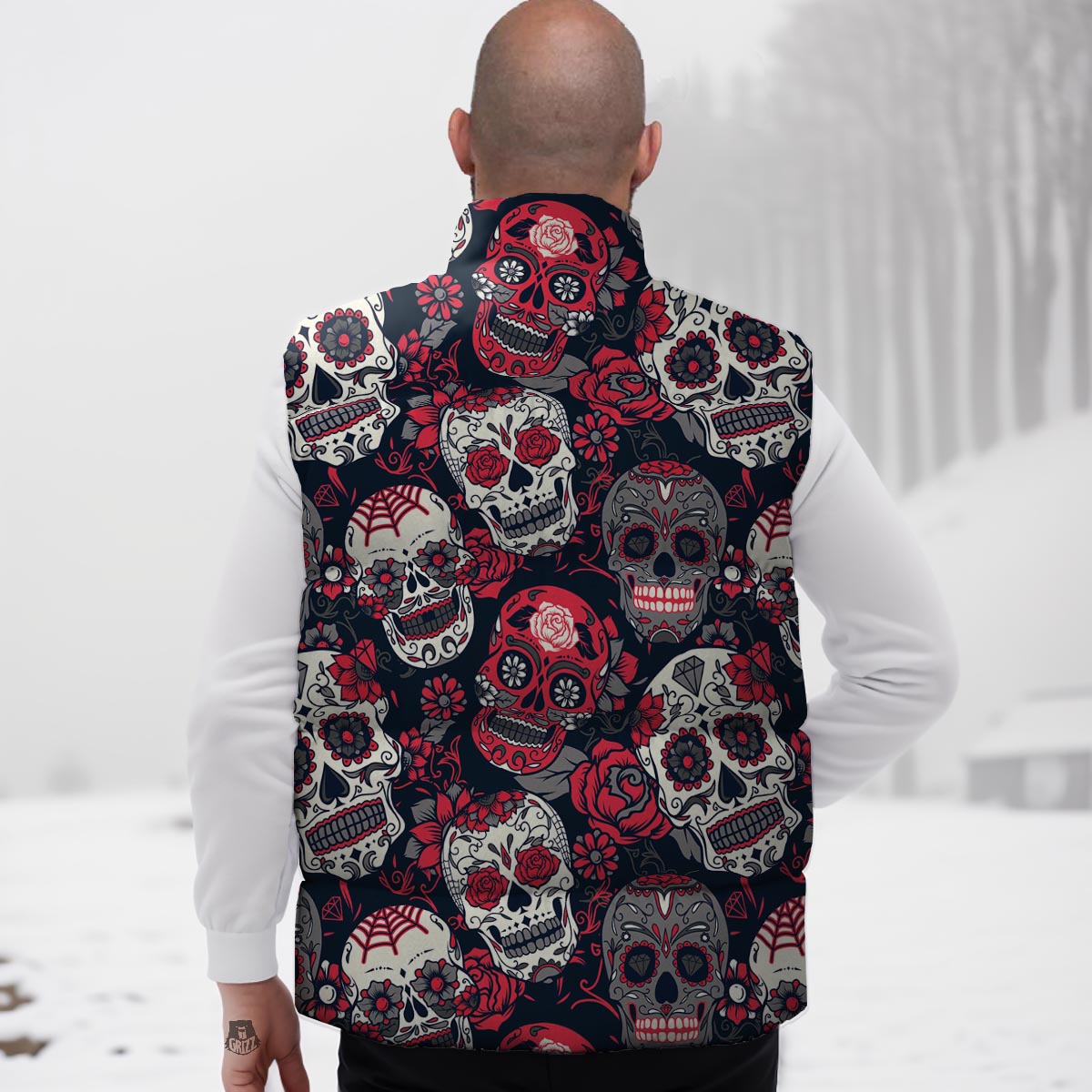 Skull Flower Red Sugar Print Pattern Down Vest-grizzshop