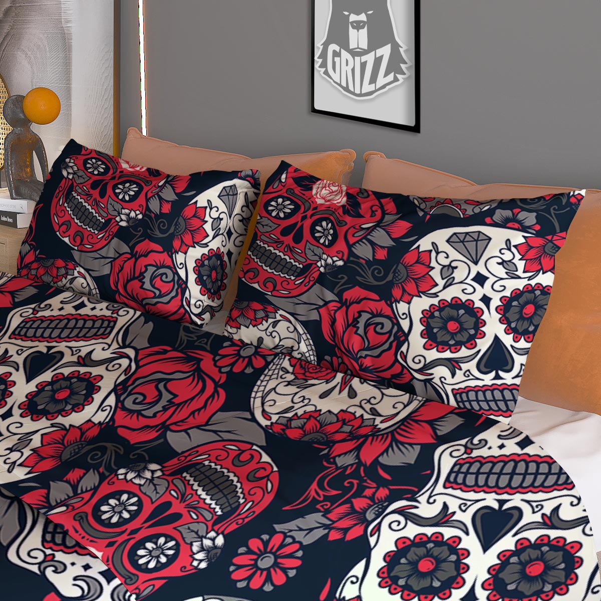 Skull Flower Red Sugar Print Pattern Duvet Cover Bedding Set