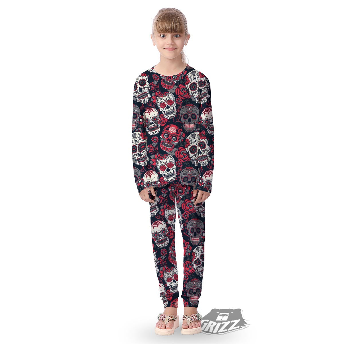 Skull Flower Red Sugar Print Pattern Kid's Pajamas-grizzshop
