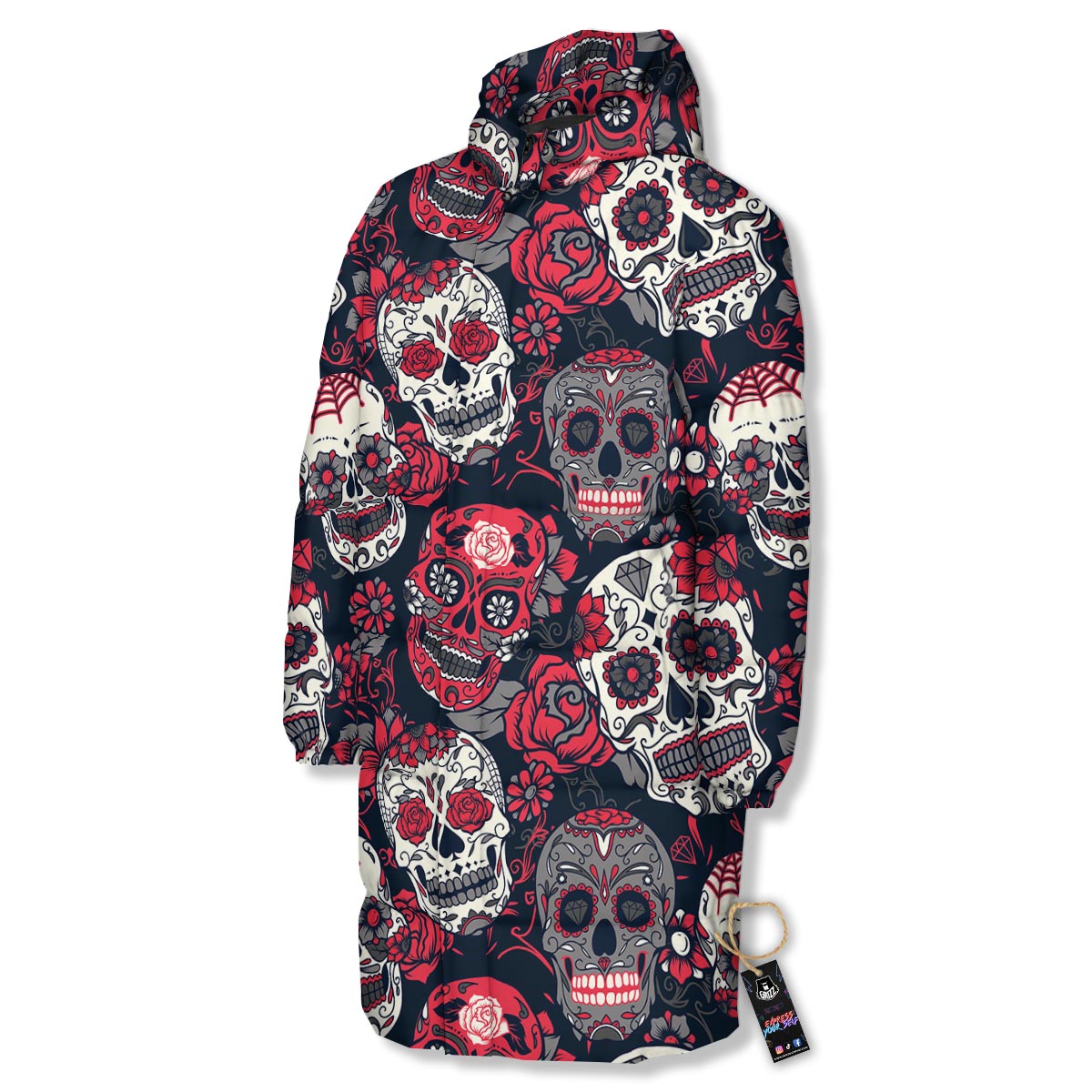 Skull Flower Red Sugar Print Pattern Long Down Jacket-grizzshop