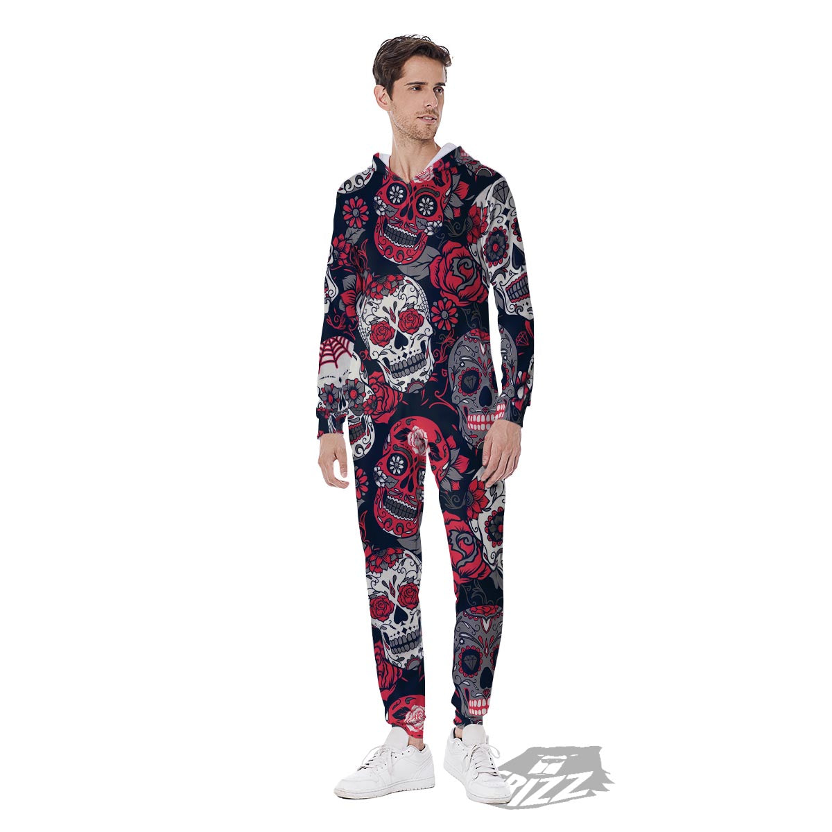 Skull Flower Red Sugar Print Pattern Men's Jumpsuit-grizzshop