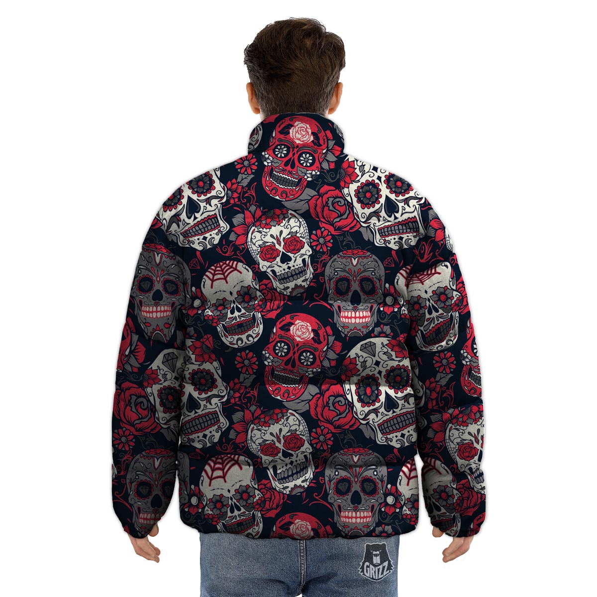 Skull Flower Red Sugar Print Pattern Puffer Jacket-grizzshop