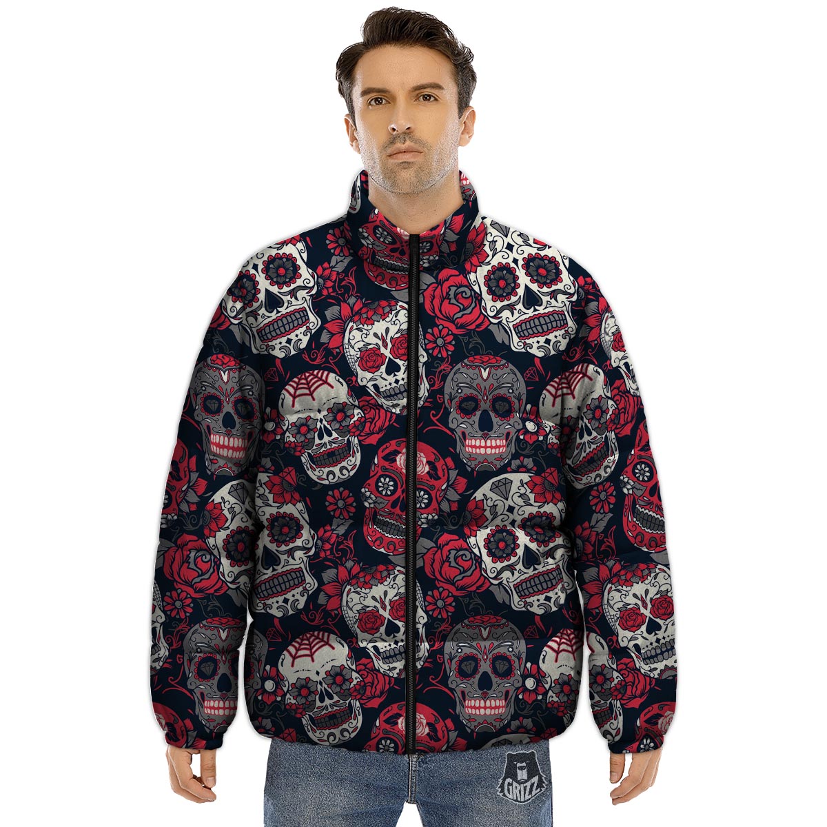 Skull Flower Red Sugar Print Pattern Puffer Jacket-grizzshop