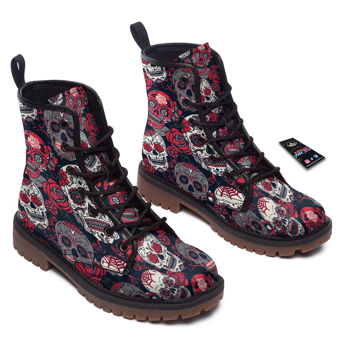 Skull Flower Red Sugar Print Pattern Work Boots-grizzshop
