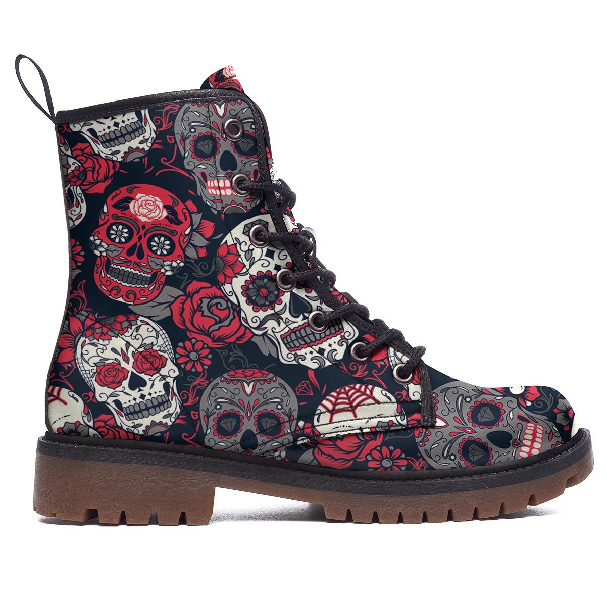 Skull Flower Red Sugar Print Pattern Work Boots-grizzshop