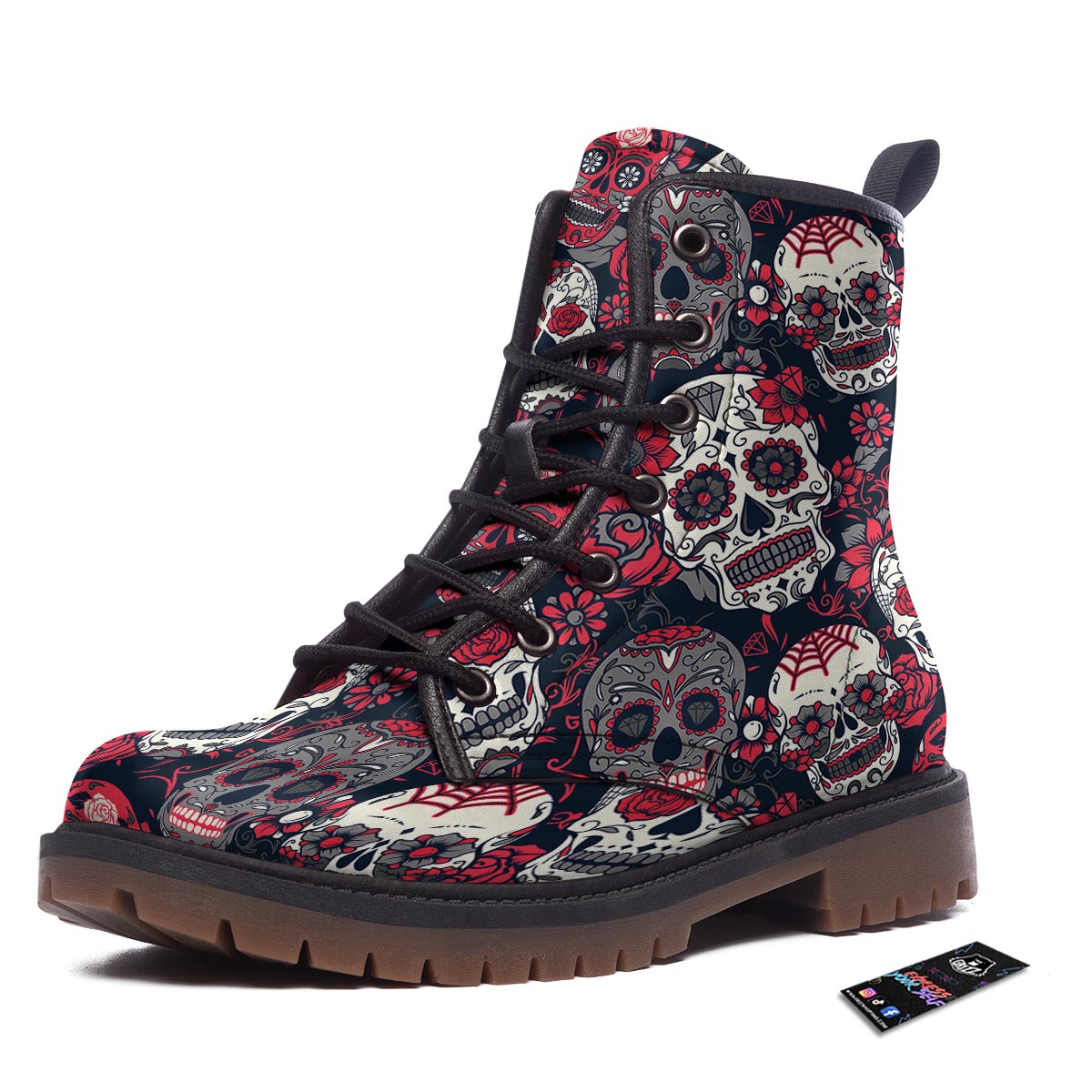 Skull Flower Red Sugar Print Pattern Work Boots-grizzshop