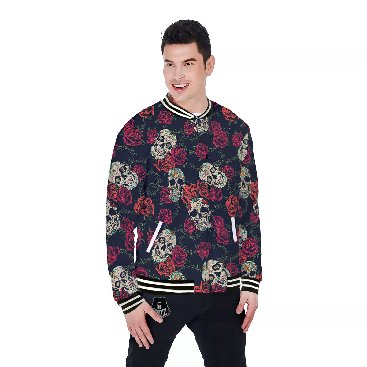 Skull Flowers Vintage Print Pattern Baseball Jacket-grizzshop