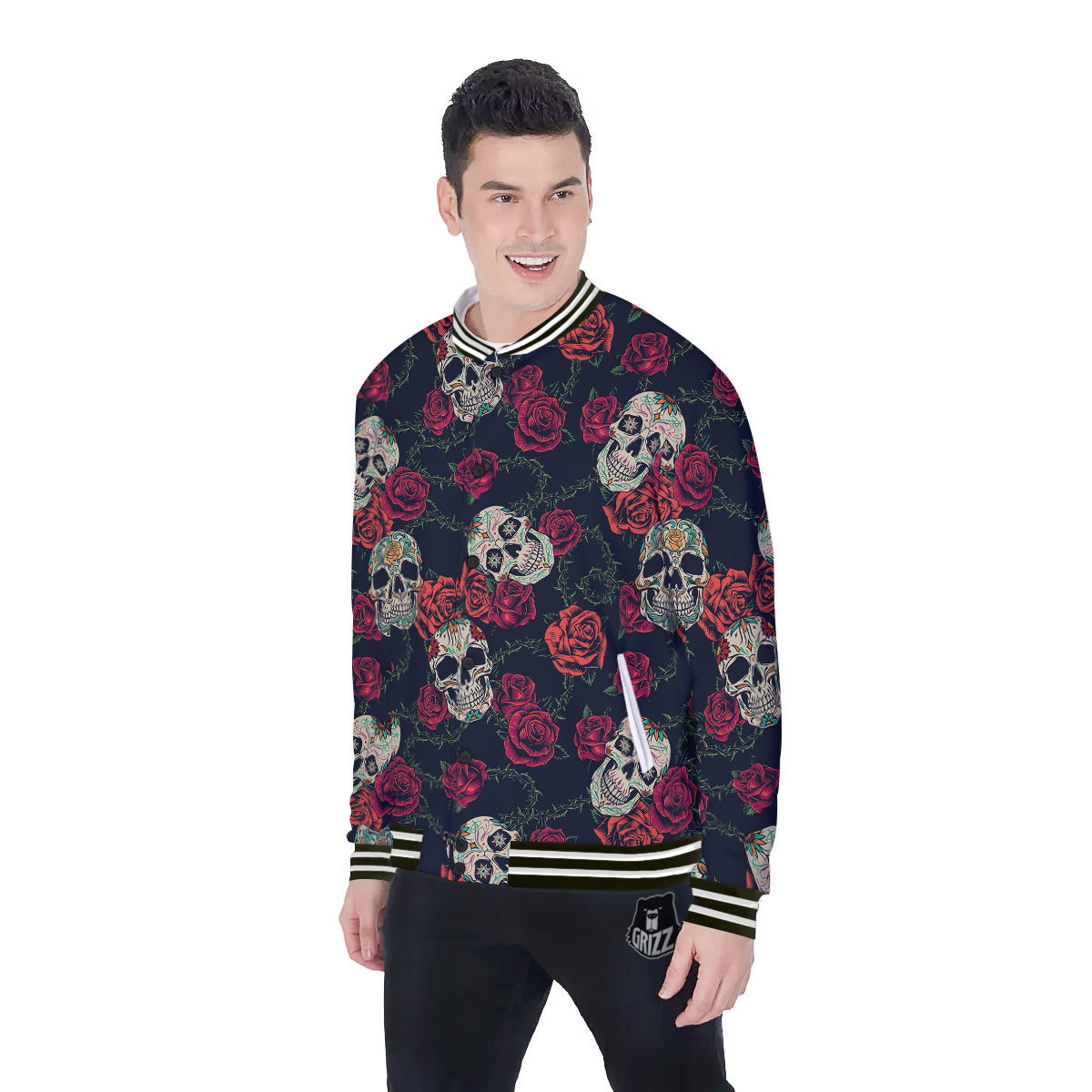Skull Flowers Vintage Print Pattern Baseball Jacket-grizzshop