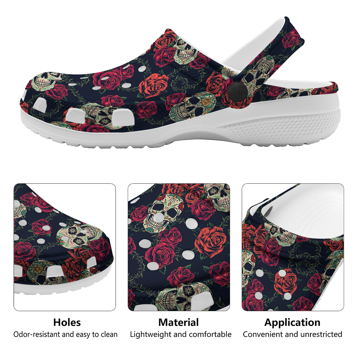 Skull Flowers Vintage Print Pattern Clog-grizzshop