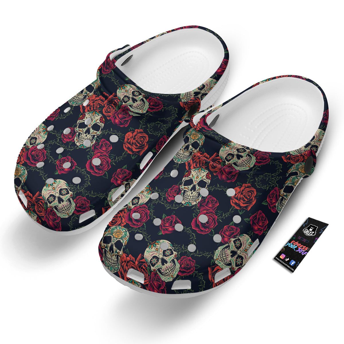 Skull Flowers Vintage Print Pattern Clog-grizzshop