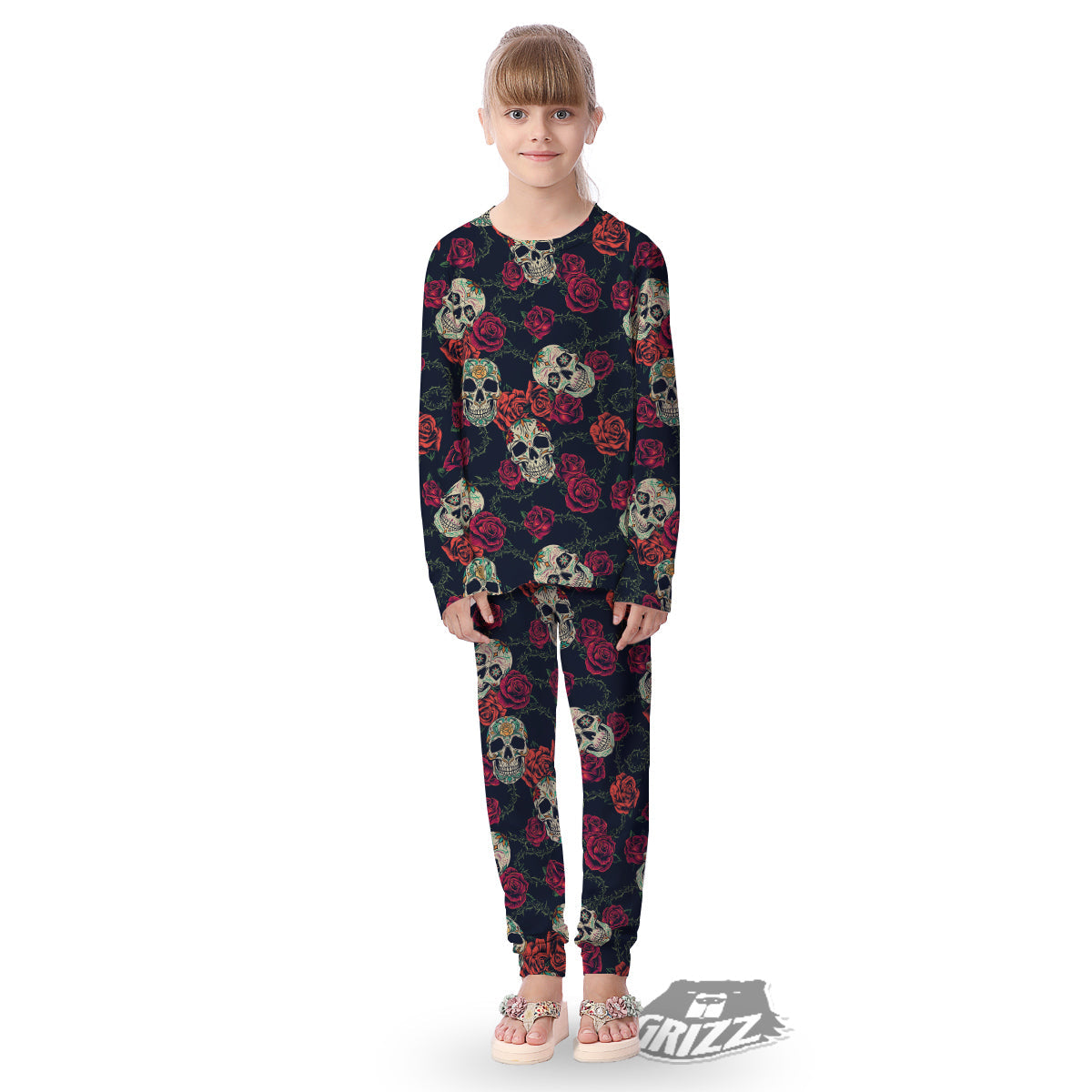 Skull Flowers Vintage Print Pattern Kid's Pajamas-grizzshop
