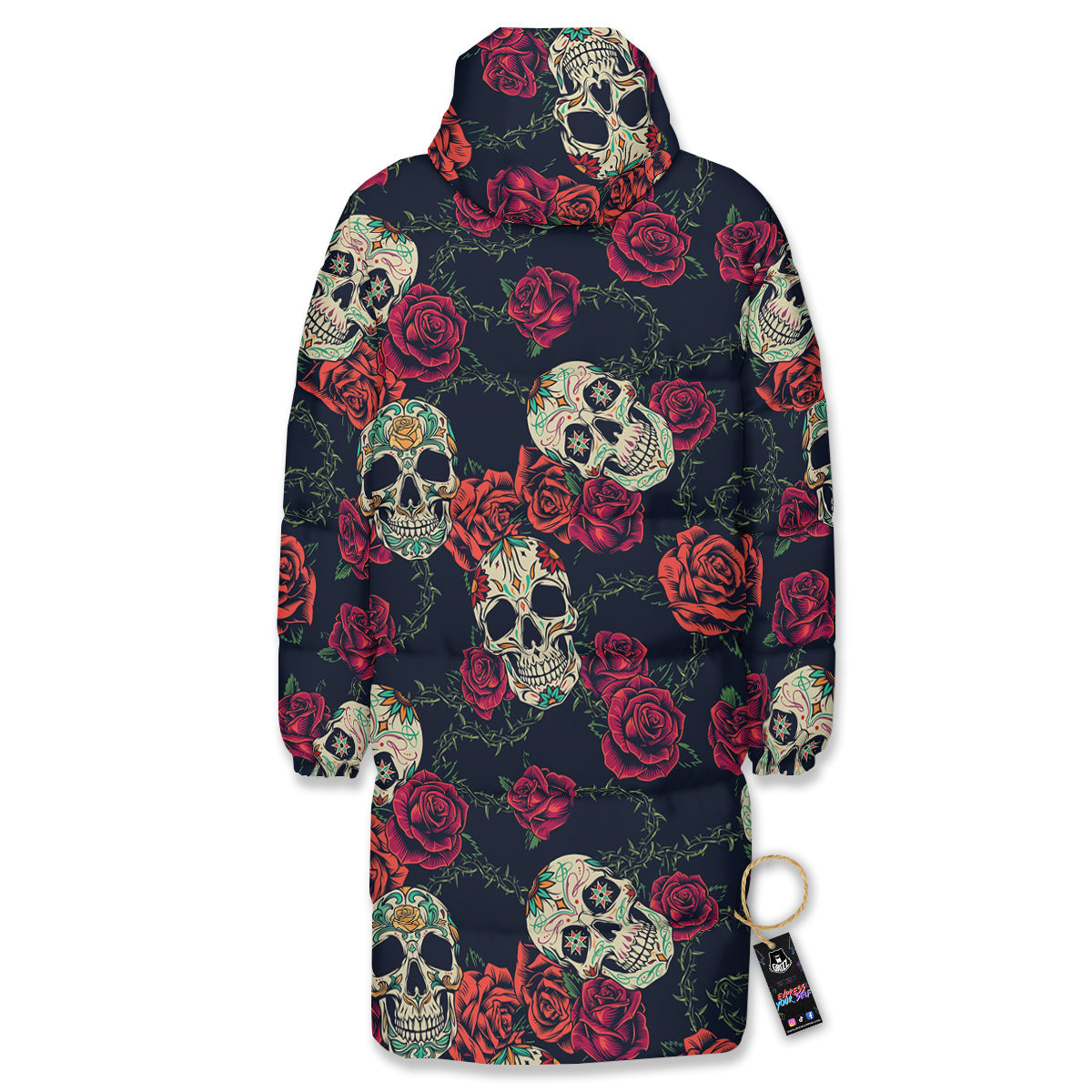 Skull Flowers Vintage Print Pattern Long Down Jacket-grizzshop