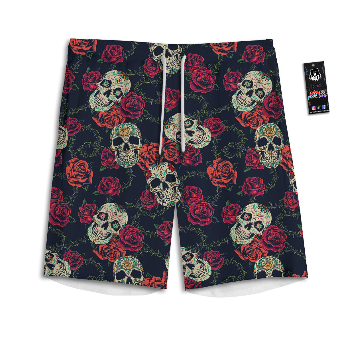 Skull Flowers Vintage Print Pattern Men's Athletic Shorts