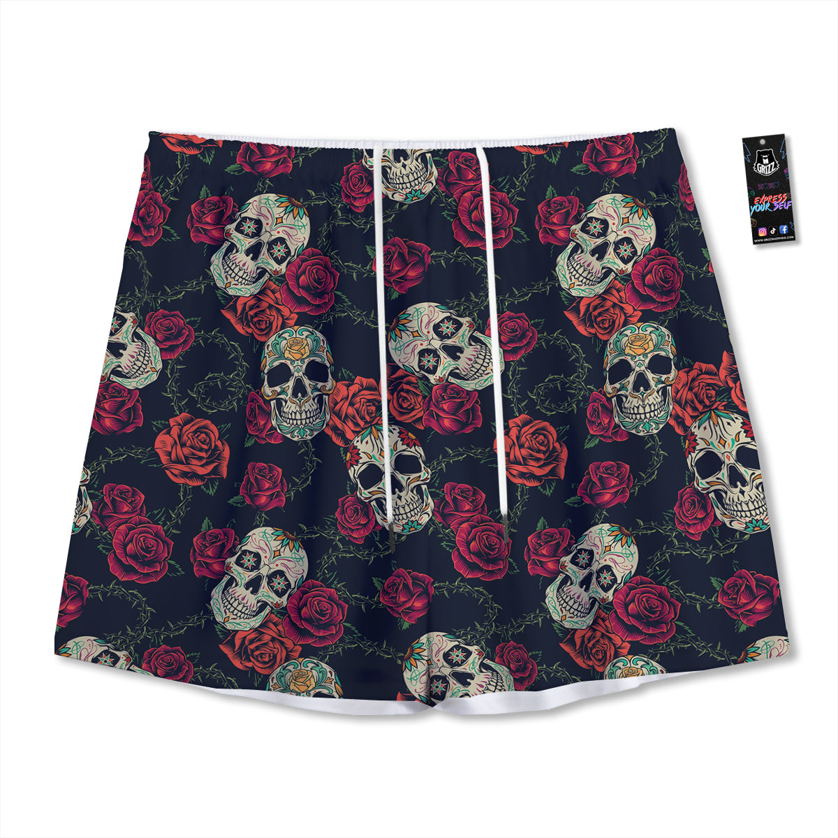 Skull Flowers Vintage Print Pattern Mesh Shorts