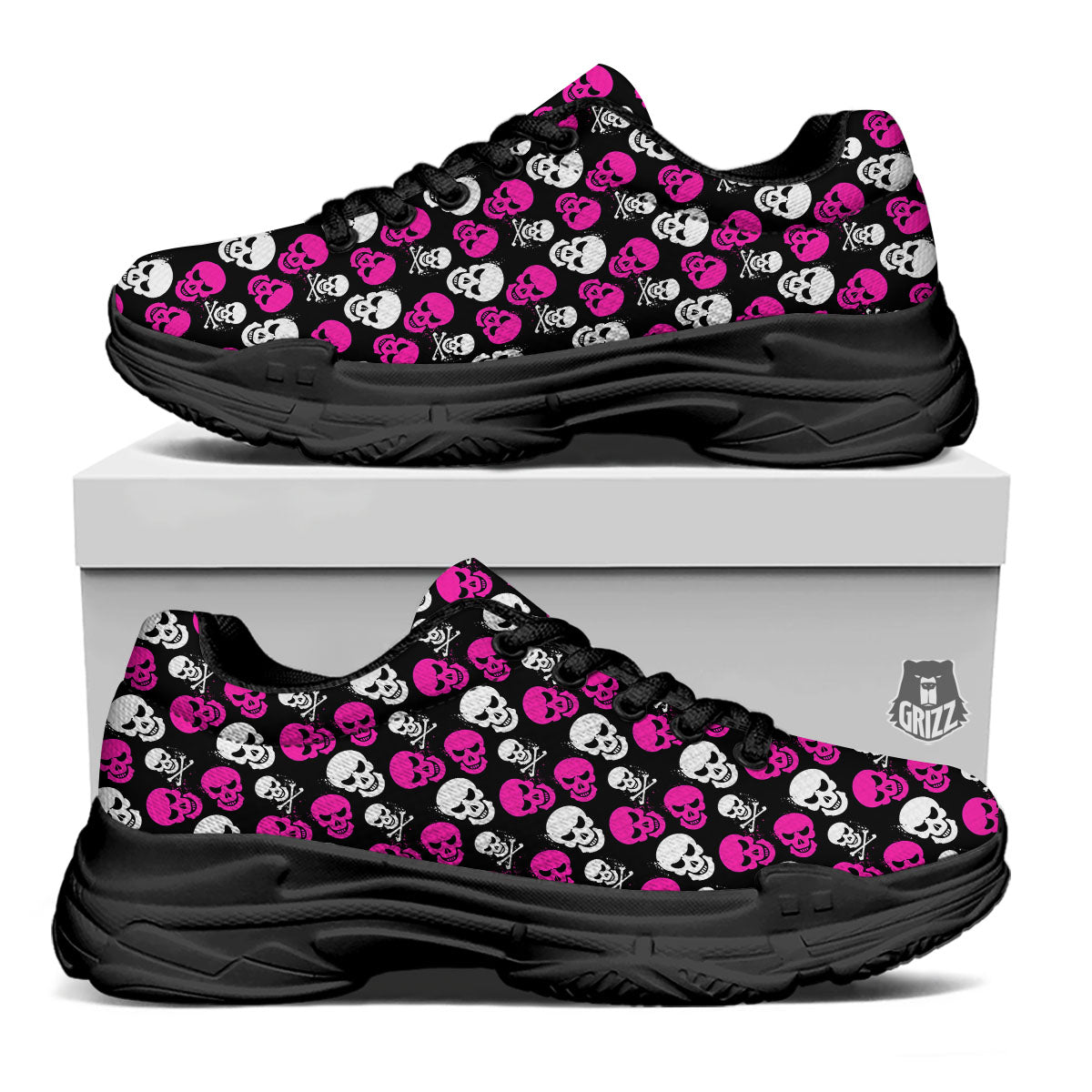 Skull Girly Emo Print Pattern Black Chunky Shoes-grizzshop