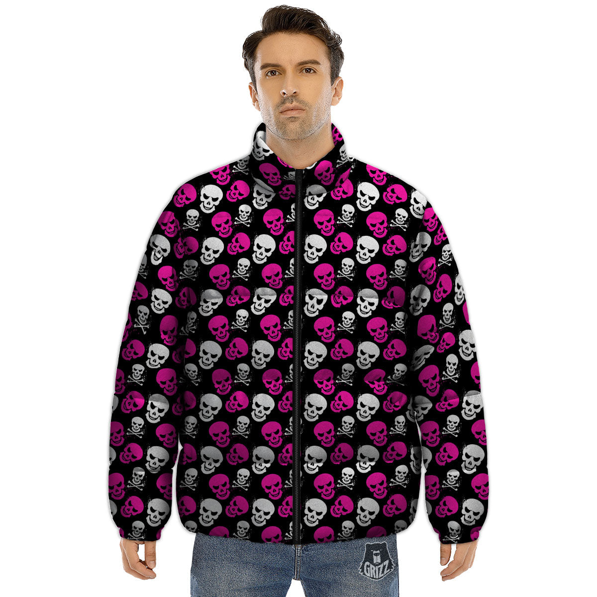 Skull Girly Emo Print Pattern Puffer Jacket-grizzshop