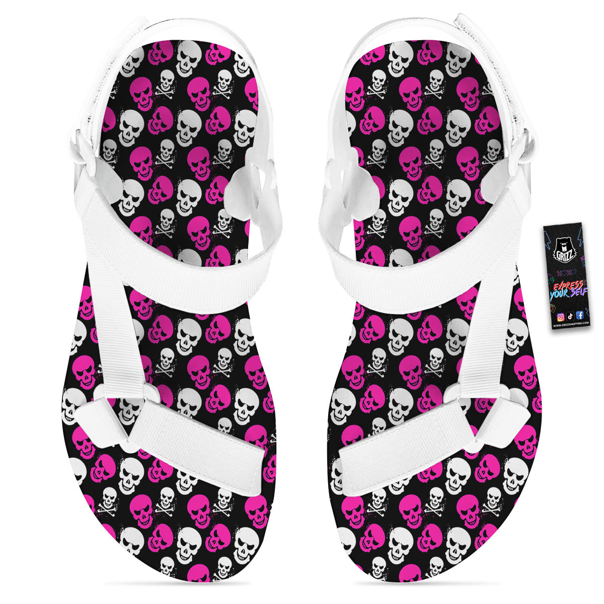 Skull Girly Emo Print Pattern White Open Toe Sandals-grizzshop