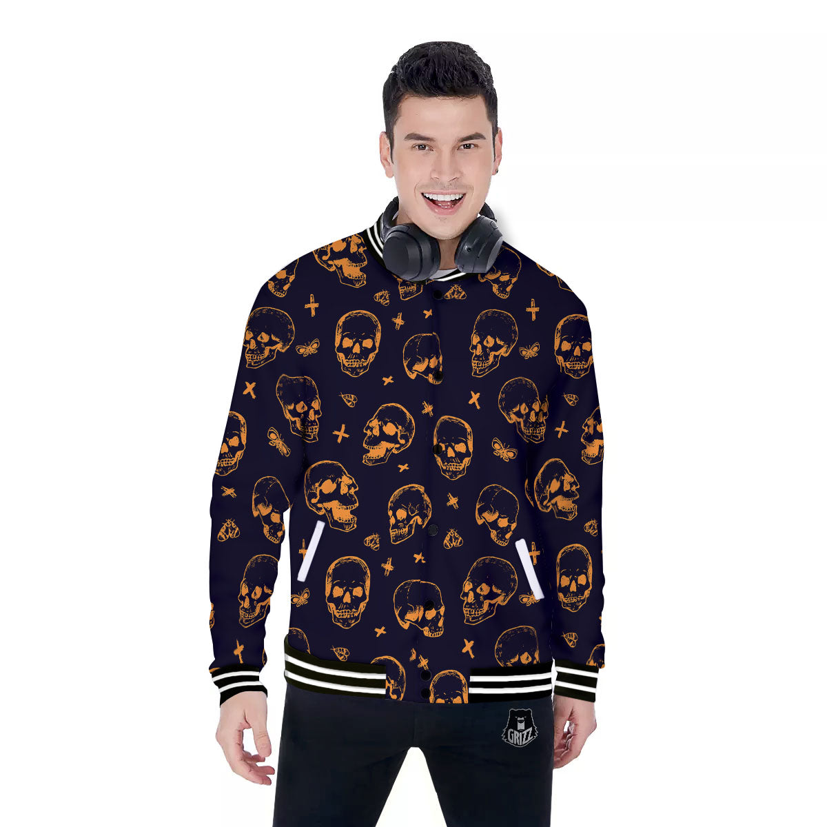 Skull Halloween Print Pattern Baseball Jacket-grizzshop