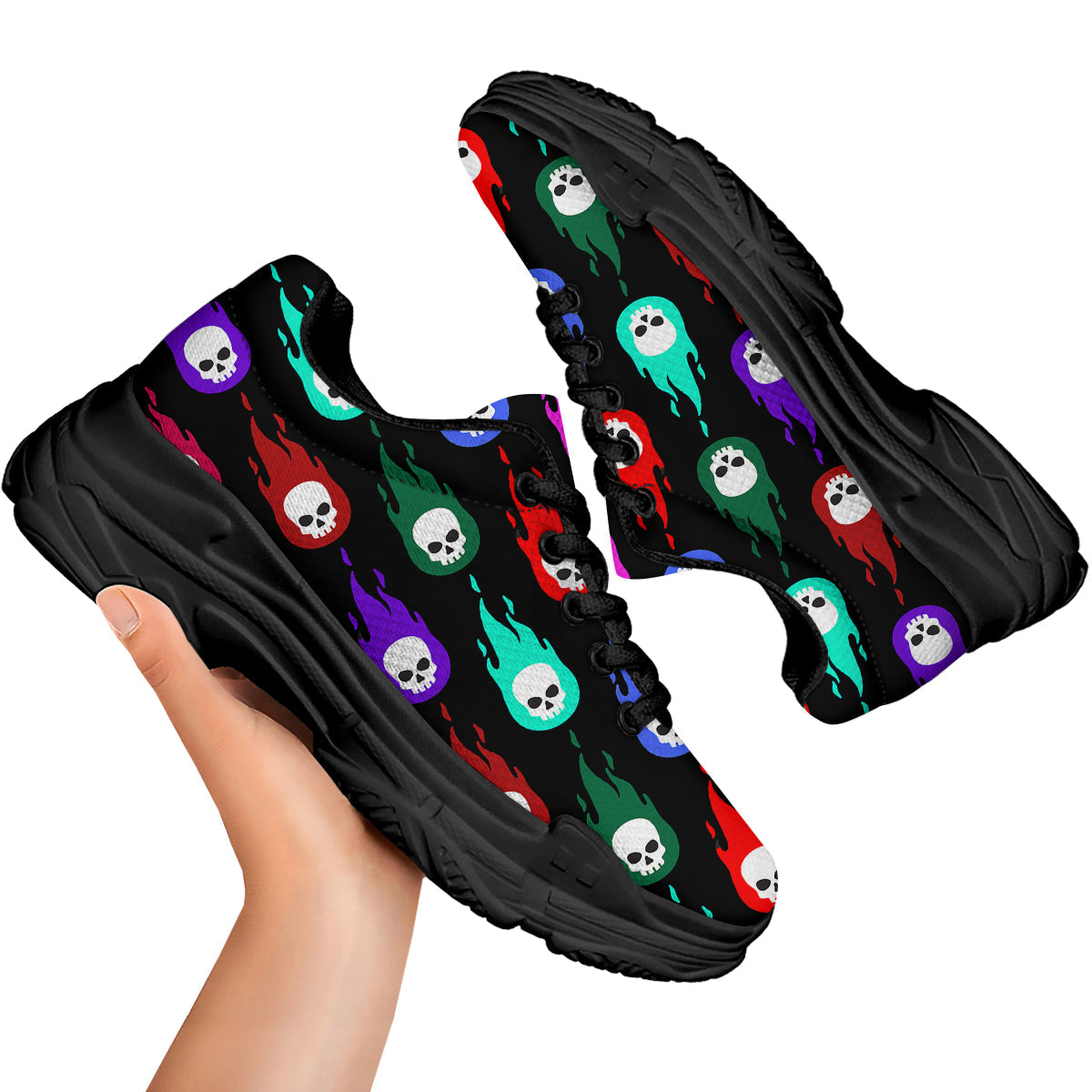 Skull Head Fire Colorful Print Pattern Black Chunky Shoes-grizzshop