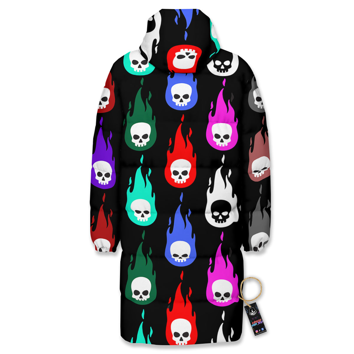 Skull Head Fire Colorful Print Pattern Long Down Jacket-grizzshop