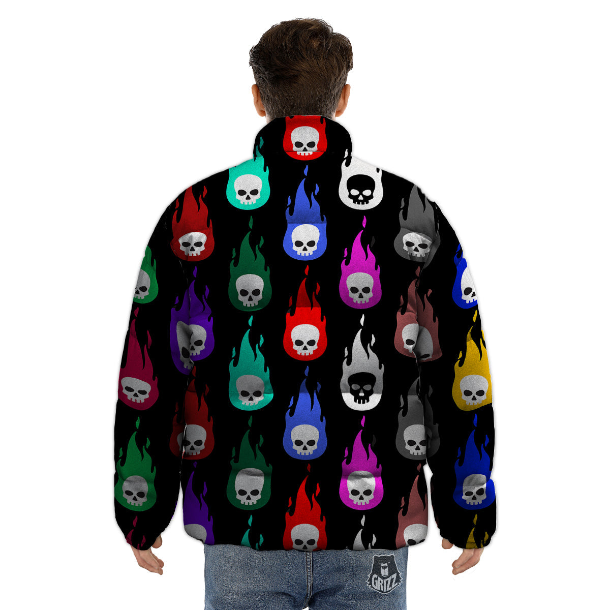 Skull Head Fire Colorful Print Pattern Puffer Jacket-grizzshop