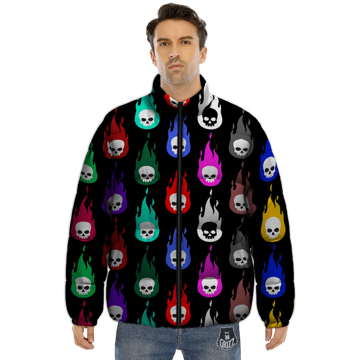 Skull Head Fire Colorful Print Pattern Puffer Jacket-grizzshop