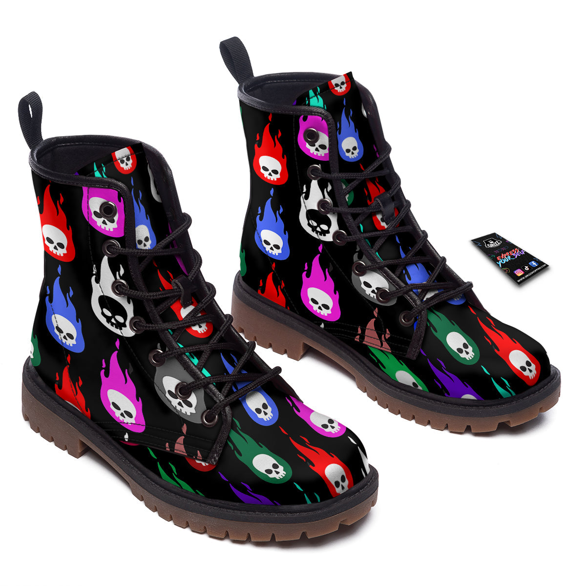 Skull Head Fire Colorful Print Pattern Work Boots-grizzshop