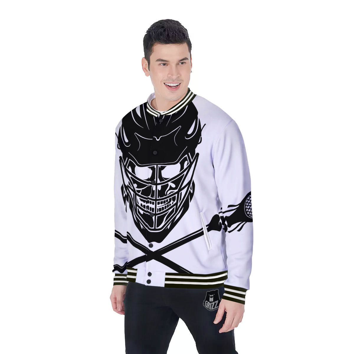 Skull Lacrosse Print Baseball Jacket-grizzshop