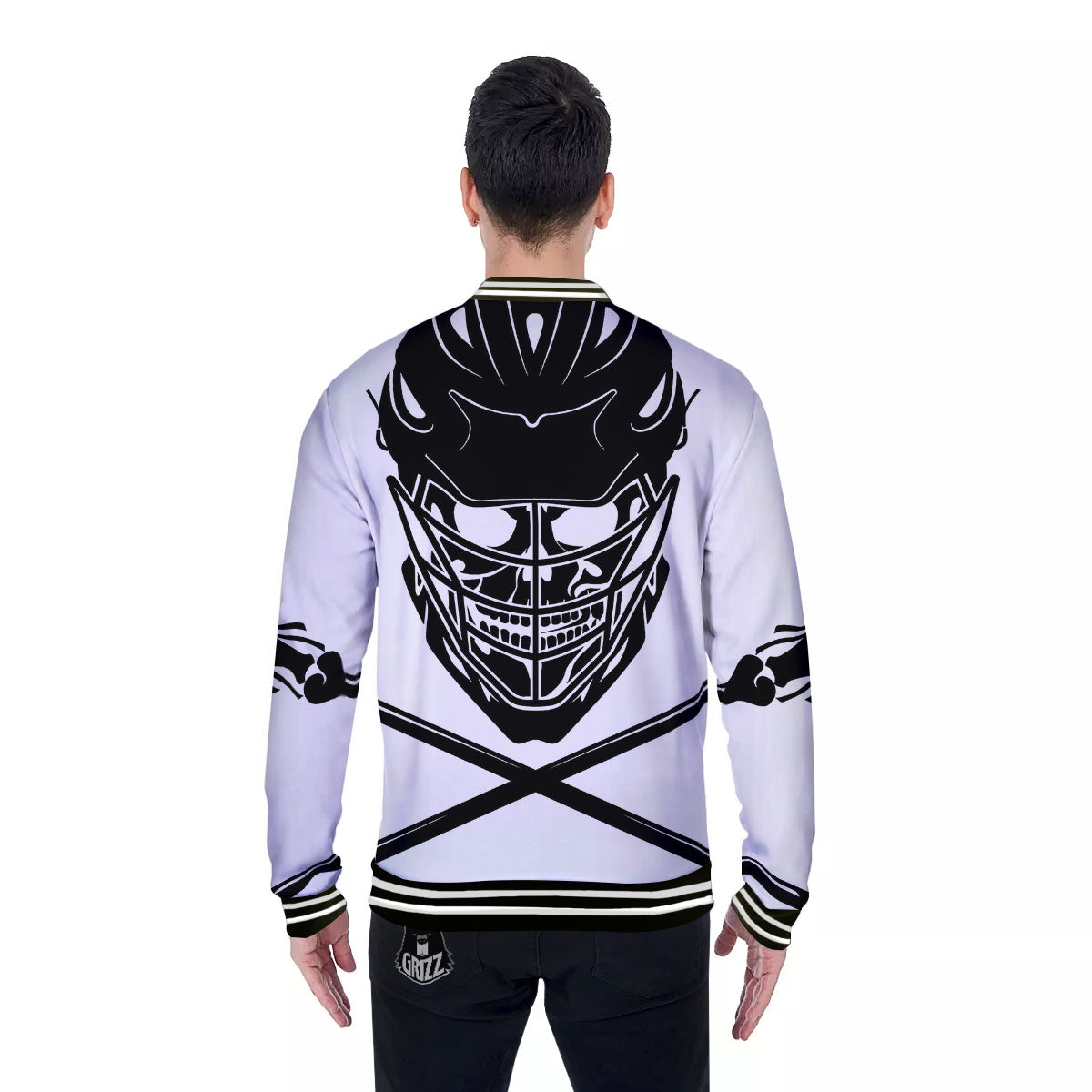 Skull Lacrosse Print Baseball Jacket-grizzshop