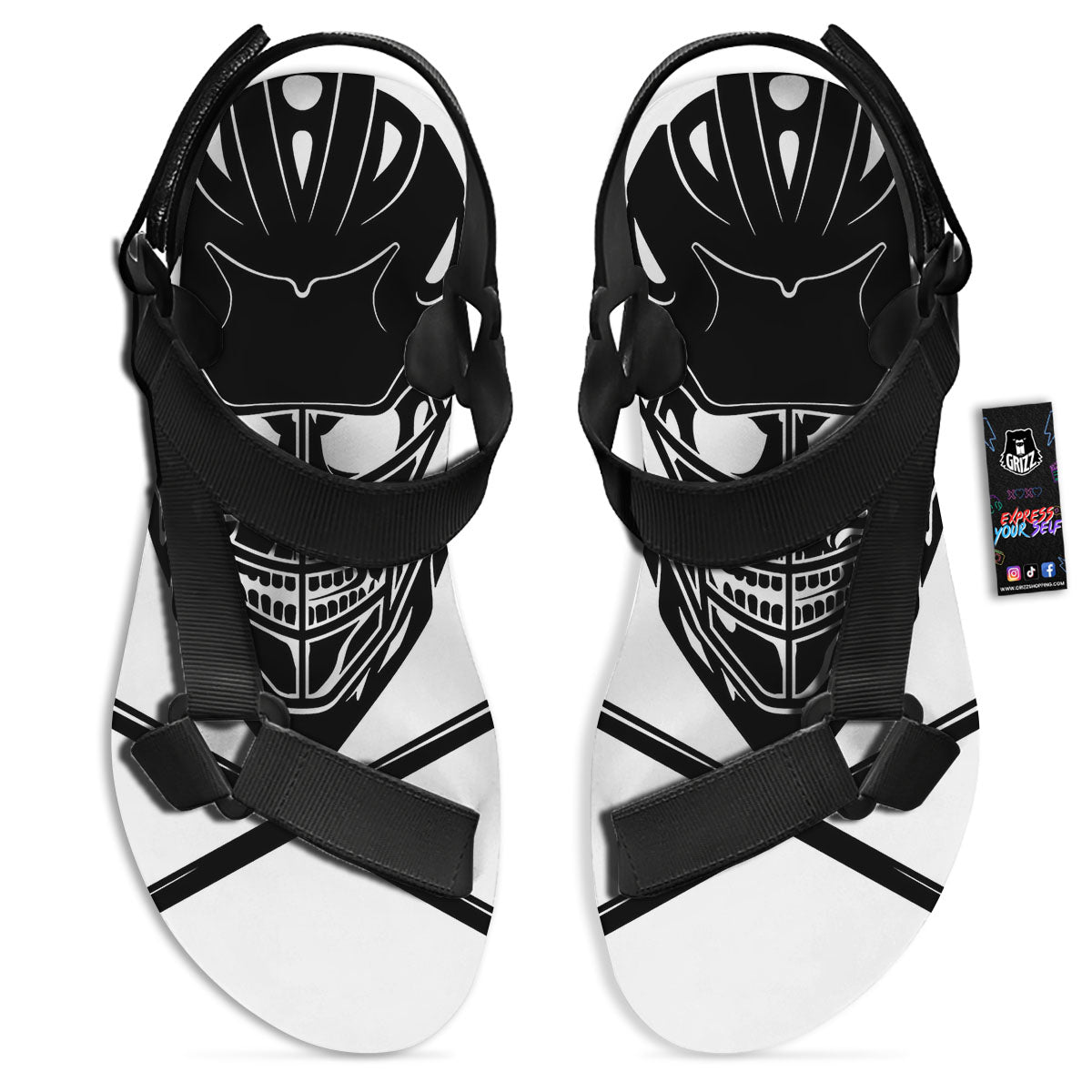 Skull Lacrosse Print Black Open Toe Sandals-grizzshop