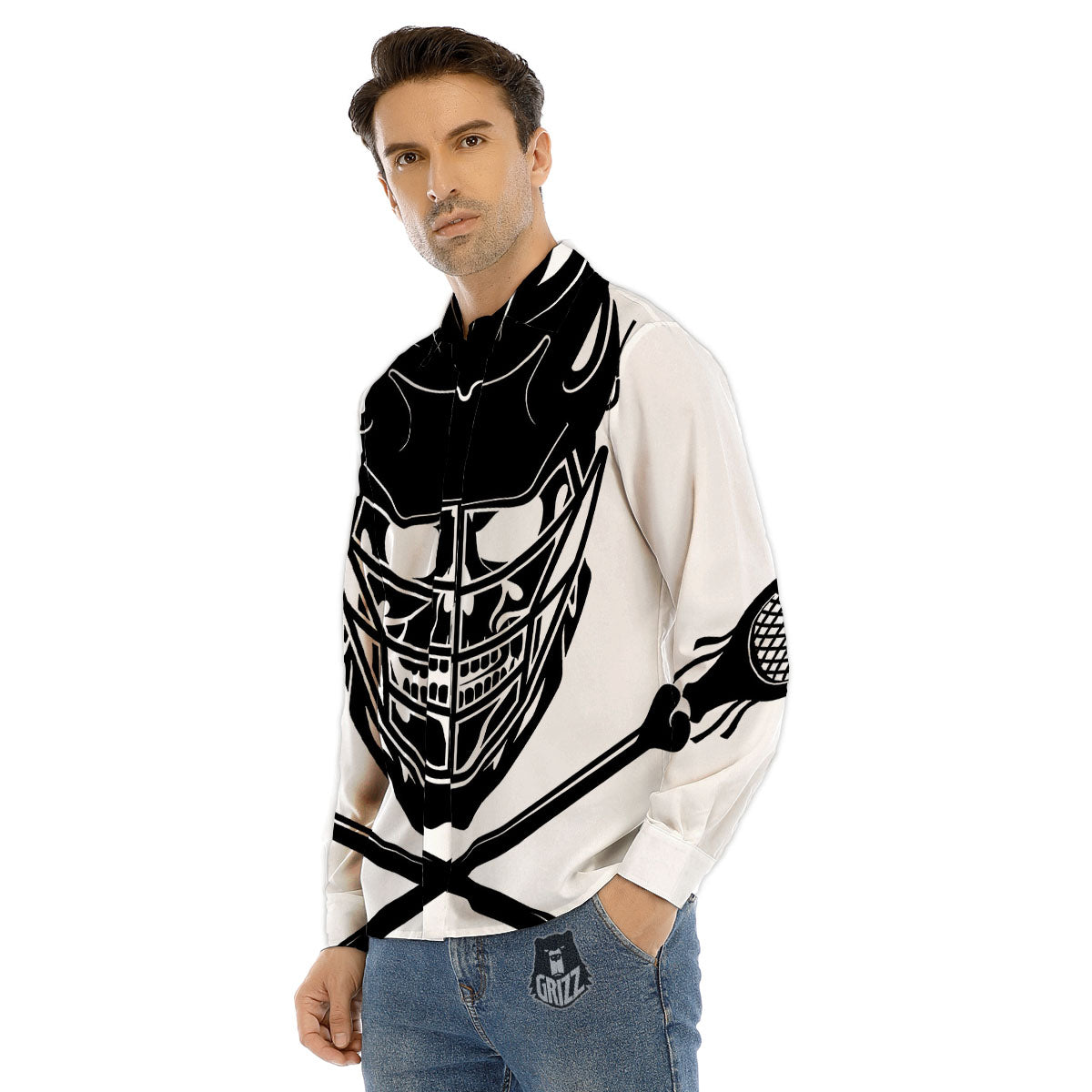 Skull Lacrosse Print Men's Dress Shirts-grizzshop