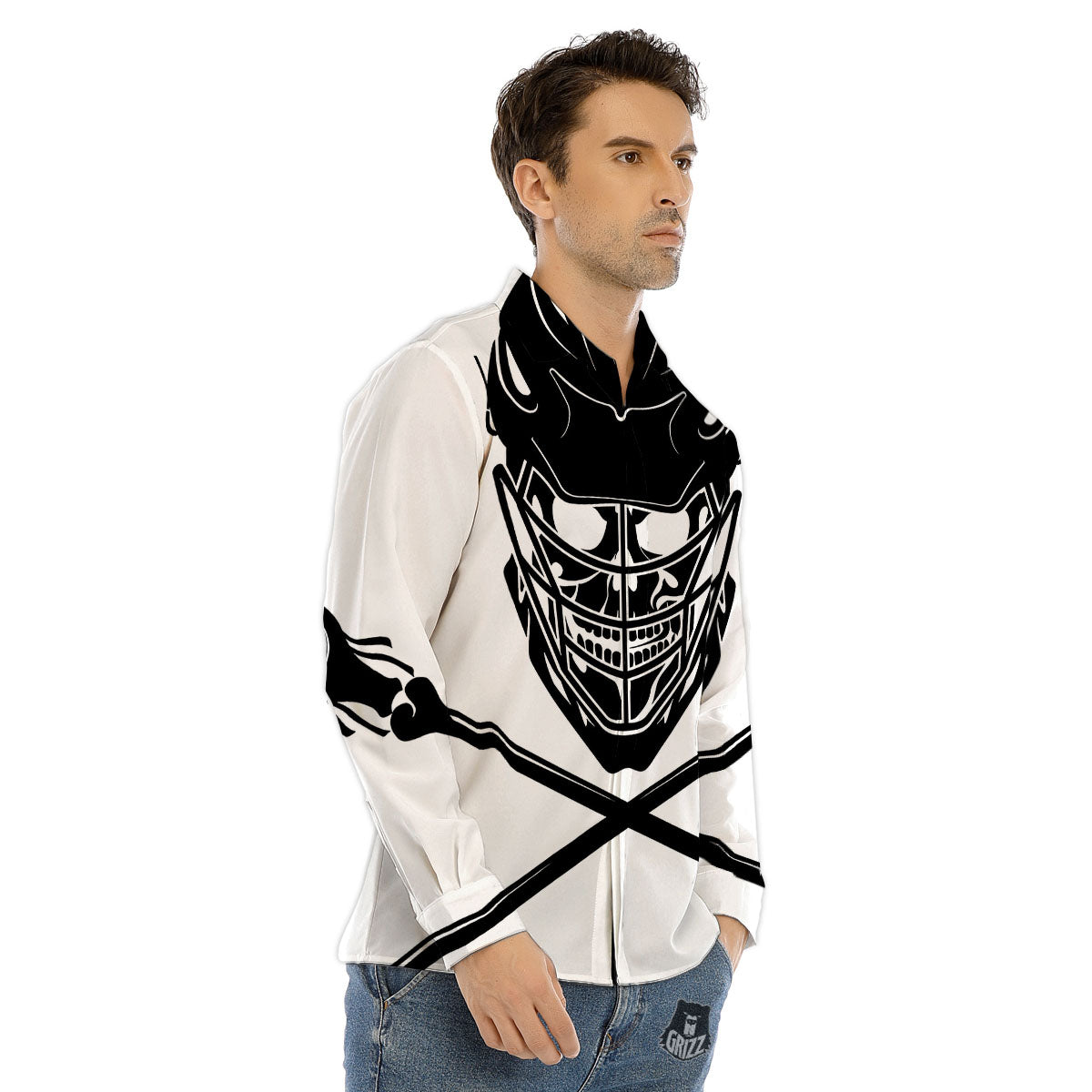 Skull Lacrosse Print Men's Dress Shirts-grizzshop