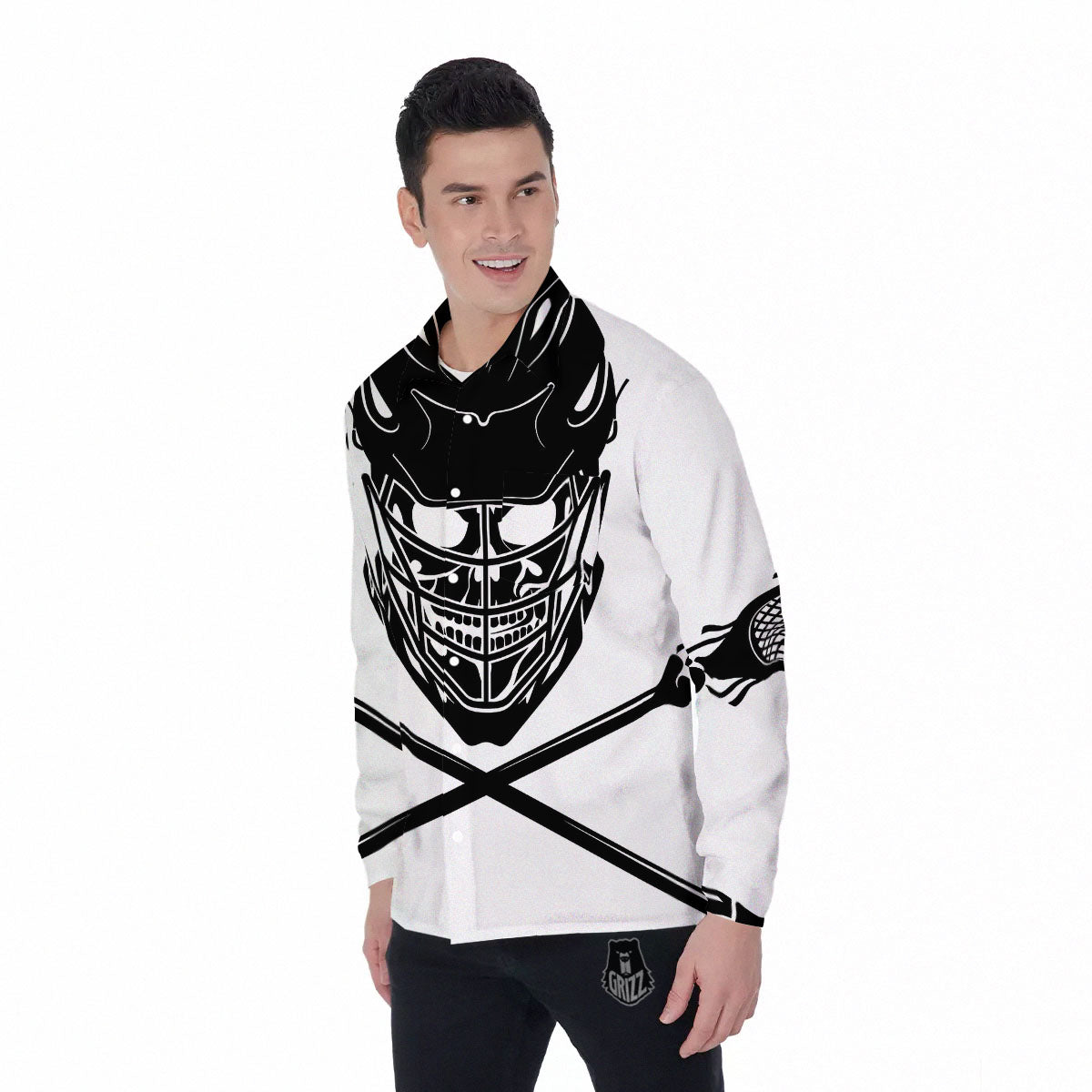 Skull Lacrosse Print Men's Long Sleeve Shirts-grizzshop