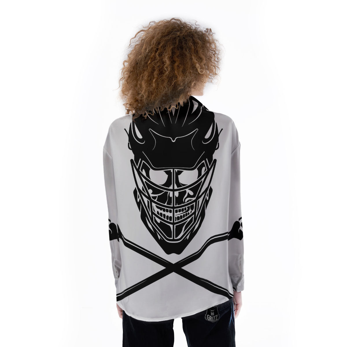Skull Lacrosse Print Women's Long Sleeve Shirts-grizzshop