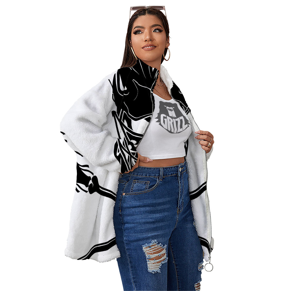 Skull Lacrosse Print Women's Sherpa Jacket-grizzshop