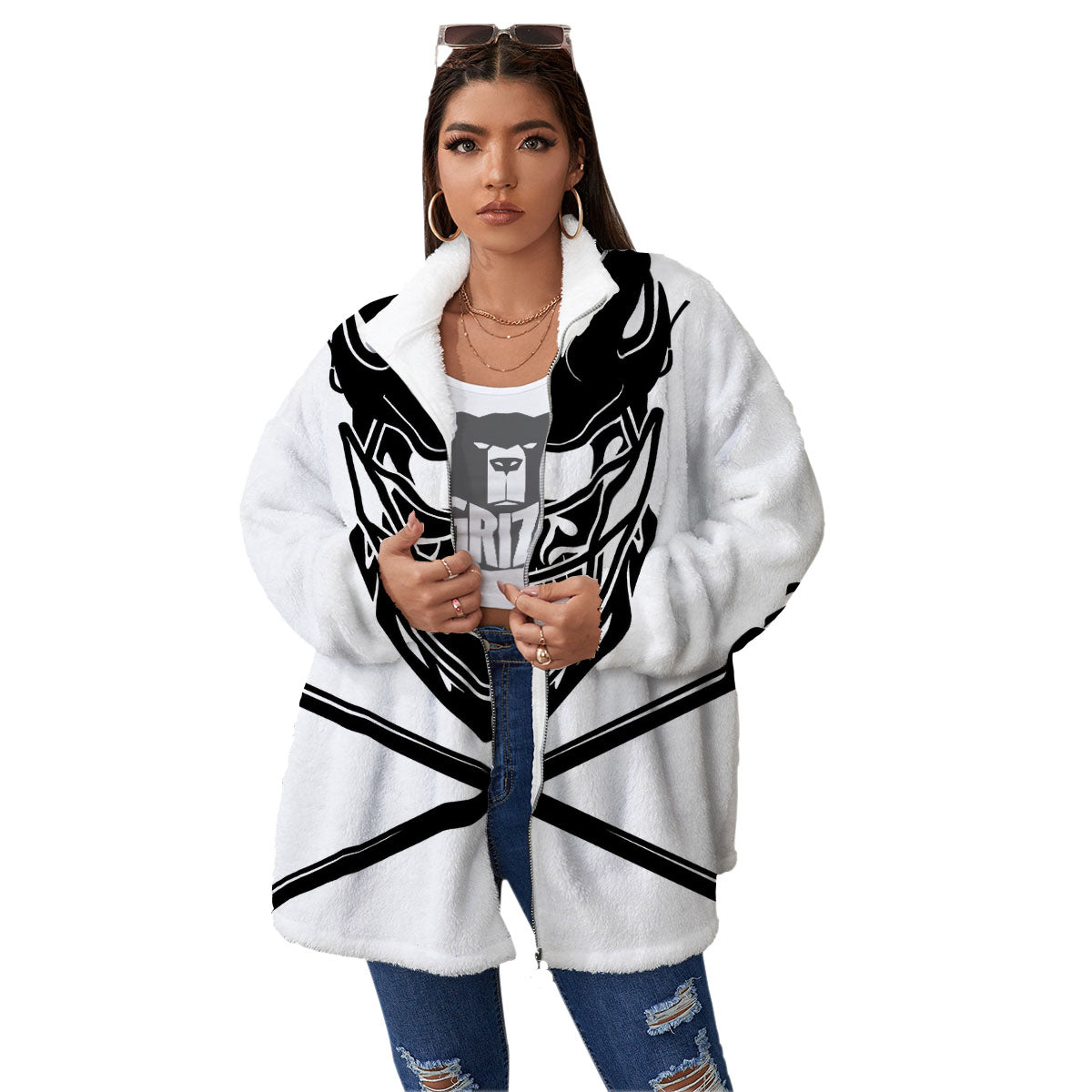 Skull Lacrosse Print Women's Sherpa Jacket-grizzshop
