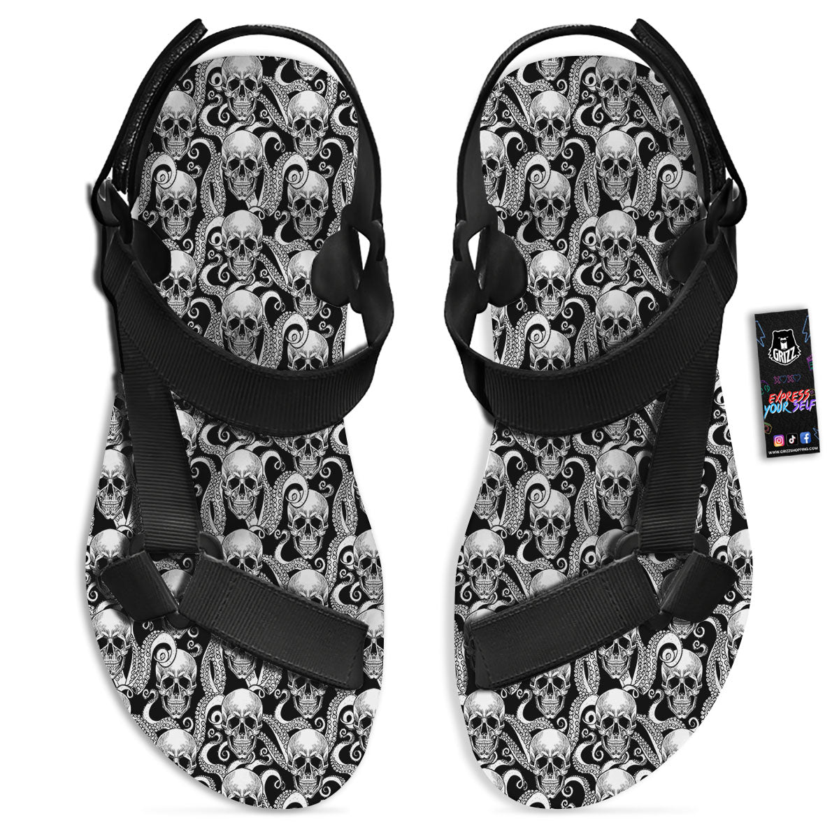 Skull Octopus Tentacles Print Pattern Black Open Toe Sandals-grizzshop