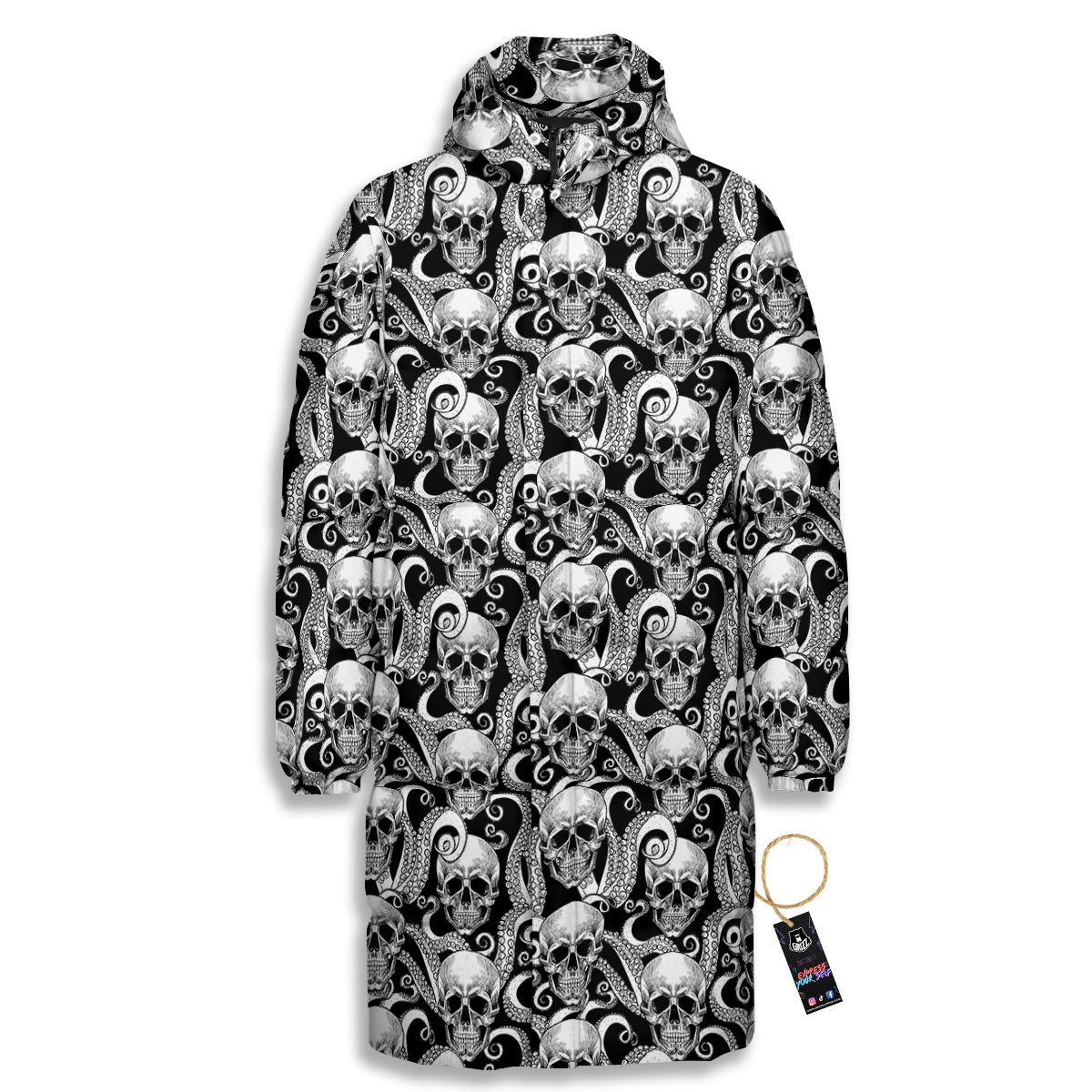 Skull Octopus Tentacles Print Pattern Long Down Jacket-grizzshop
