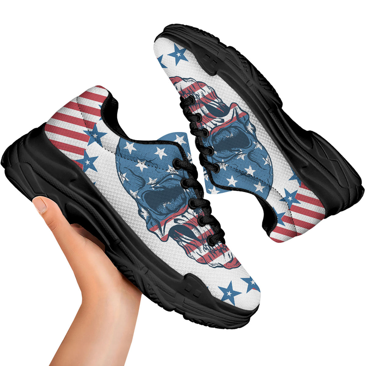 Skull Patriotic American Print Black Chunky Shoes-grizzshop